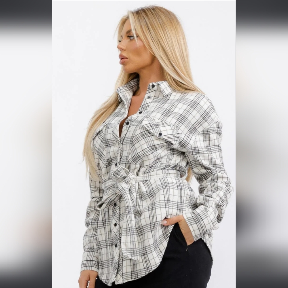 💕105 LONG SLEEVE BUTTON UP SELF TIE FRONT POCKETS PLAID TOP